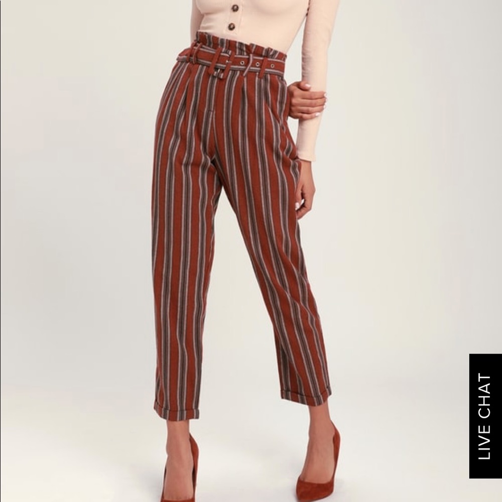 Lulu’s High Priority Brick Red Striped Belted Pant